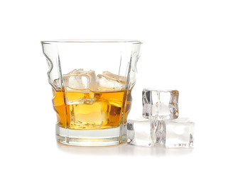 Whiskey and ice isolated on white background