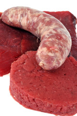 steak haché, saucisse et faux-filet