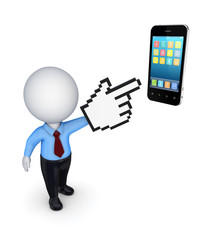 3d small person pointing to mobile phone.
