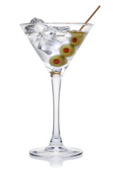 Martini with olives and ice cubes.