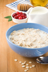 bowl of oatmeal  with milk on wood