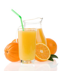 orange juice in glass and jug isolated on white