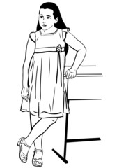 a little girl in a dress at the table