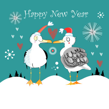 Winter card with funny gulls