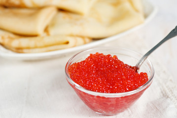 Red caviar and pancakes