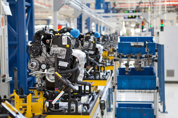 car engine assembled on the factory production line