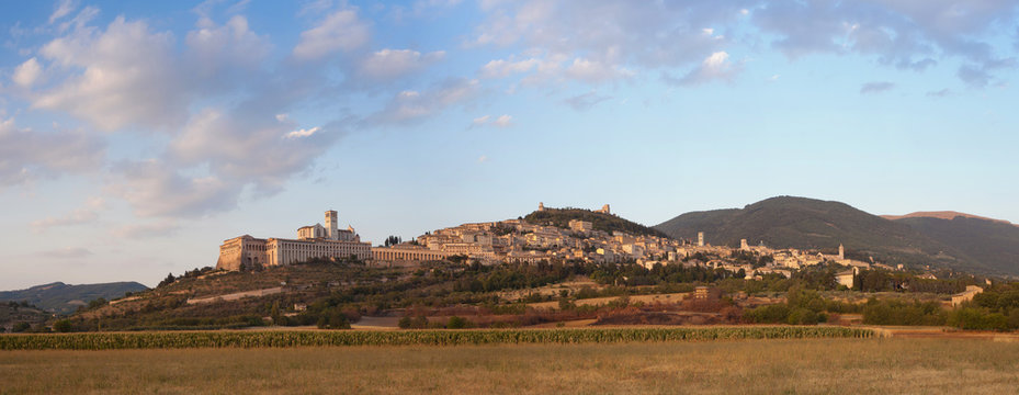 Panorama of Assisi with S. Francesco Basilica, Umbria, Italy