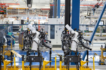 car engine assembled on the factory production line