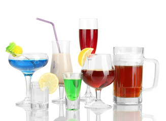 a variety of alcoholic drinks isolated on white