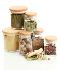 Printed roller blinds Herbs 2 jars and wooden spoons with spices isolated on white