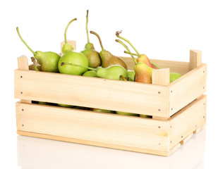 ripe pears in crate isolated on white.