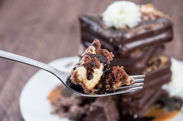 Piece of Cake on a fork with sauce