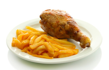 Roast chicken with french fries on plate, isolated on white