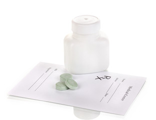 Pharmacist prescription with pills isolated on white