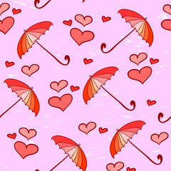 Pink feminine seamless pattern with umbrellas and hearts
