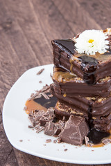 Stacked Chocolate Cake with sauces