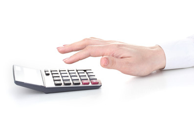 women hand and Calculator isolated on white