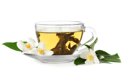 cup of green tea with jasmine flowers isolated on white