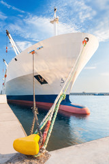Docked dry cargo ship with bulbous bow