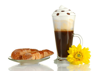 glass of fresh coffee cocktail with saucer with bagels isolated