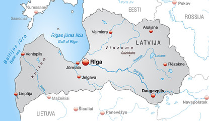 Map of Latvia with neighboring countries and capitals