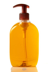 Isolated full bottle of orange liquid soap for hands with back l