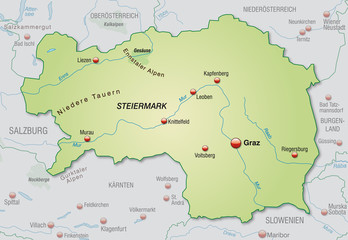 Landkarte der Steiermark mit Umland und Städten