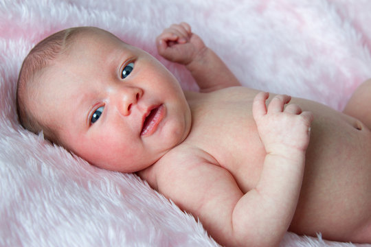 Newborn baby girl portrait on pink fluffy blanket