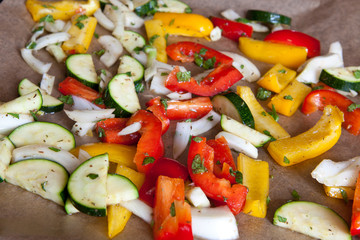 Colorful vegetables with oliv oil on oven tray