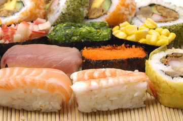 Close up many tasty fresh Japanese sushi