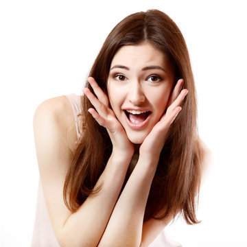 beautiful young smiling woman happy ecstatic gesturing surprise