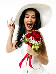 happy bride with white hat and bouquet