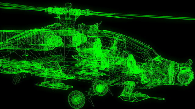 Boeing AH-64 Apache fly-by. Wire frame/solid mix.