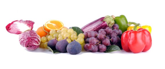 autumnal fruit and vegetables on white background, soft shadows