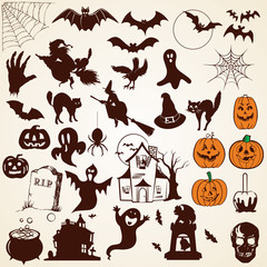 Halloween icons silhouettes, set of various design elements