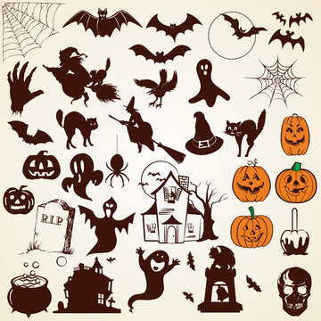 Halloween icons silhouettes, set of various design elements
