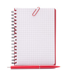 Red notebook with notice paper and pen