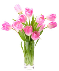 Pink tulips bouquet in vase isolated on white background