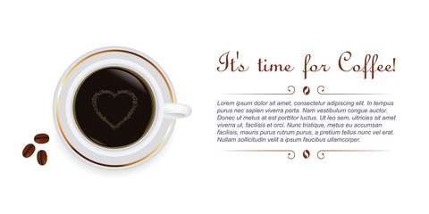 Cup of coffee with beans and heart shape