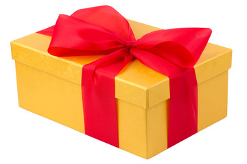 Single yellow gift box with red ribbon on white background