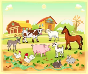 Vlies Fototapete Bauernhof Nutztiere mit Hintergrund. Vektor-Illustration.