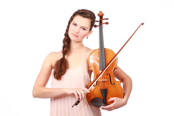 beautiful violinist playing and looking down isolated on white