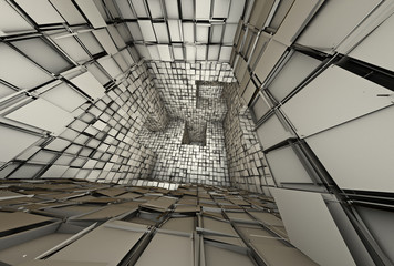3d futuristic fragmented tiled mosaic labyrinth interior