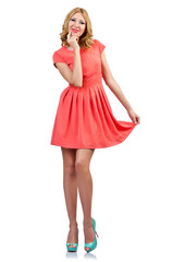 Woman in fashion clothing on white