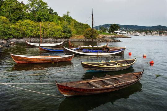 Group of colorful wooden boats