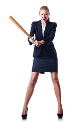 Businesswoman with baseball bat on white