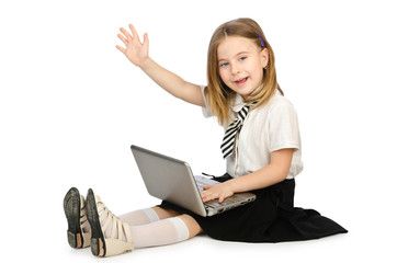Cute girl with laptop on white