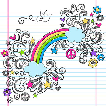 Rainbow, Dove, and Peace Sign Sketchy Notebook Doodles Vector