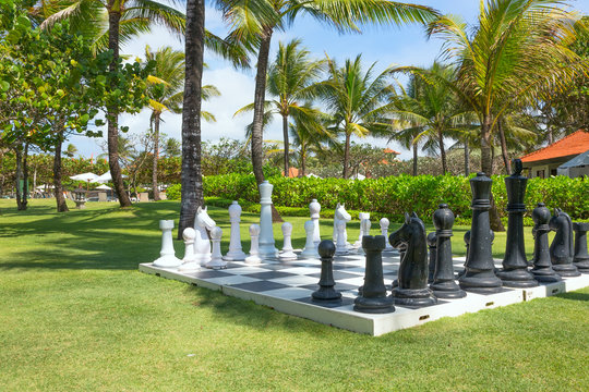 Large outdoor chess board on the grass