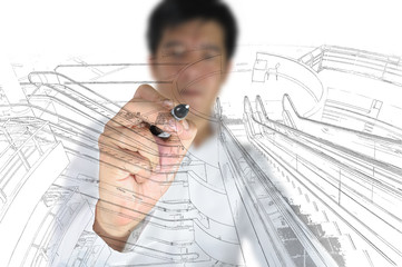 Architect draw interior design or escalator installation